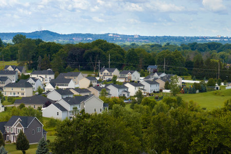 Top view of expensive two story private houses in Rochester NY suburbia. New family homes in upscale community. Real estate development in american suburbsの写真素材