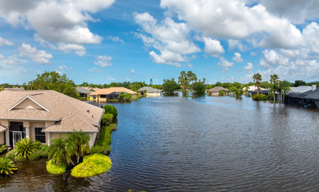 Tropical rainstorm flooded residential homes in suburban community in Florida. Hurricane aftermathの写真素材