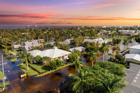 Tropical rainstorm flooded residential homes in suburban community in Punta Gorda, Florida. Hurricane Milton aftermathの写真素材