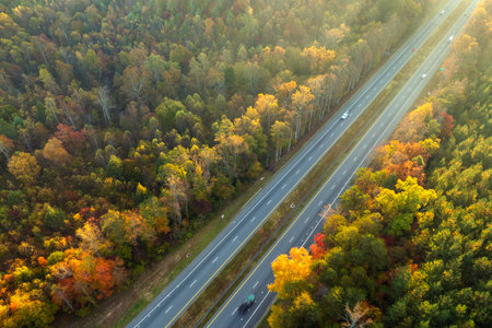 USA highway transportation infrastructure in North Carolina Appalachian mountains. American freeway road with fast driving carsの写真素材