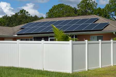Vinyl plank fence in Florida backyard. White plastic fencing for grounds protection and privacyの写真素材