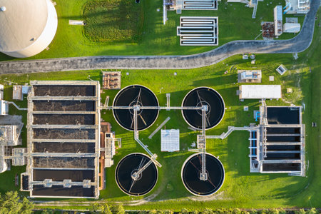 Water treatment facility at city wastewater cleaning plant. Purification process of removing undesirable chemicals, suspended solids and gases from contaminated liquidの写真素材