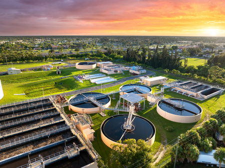 Water treatment facility for processing and purification of water from natural sources, removing contaminants to produce clean, safe water for public consumption and environmental useの写真素材