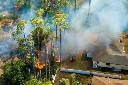 Wildfire spreads rapidly through wooded area near Florida houses, with flames close to residential propertiesの写真素材