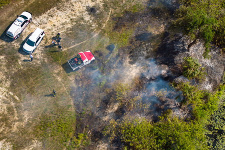 Wild vegetation fire spreads across forested landscape in Florida, with firefighters working in heavy smoke and intense heat to control the flames during dry seasonの写真素材