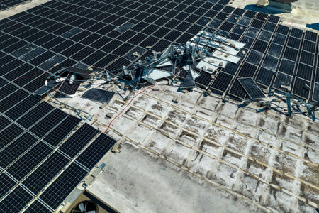 Consequences of natural disaster. Damaged by hurricane wind photovoltaic solar panels mounted on...