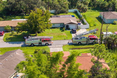 Fire engine trucks and ambulance vehicles responding to fire alarm. Investigation of carbon monoxide...