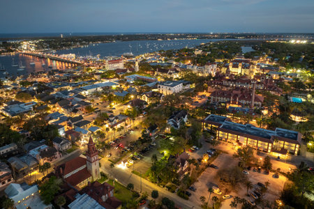 Historical American city architecture. St. Augustine, old city in Florida state at night. Streets...