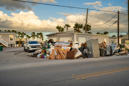 Hurricane damage in Florida. Piles of rubbish on street side from destroyed houses. Consequences of natural disasterの写真素材