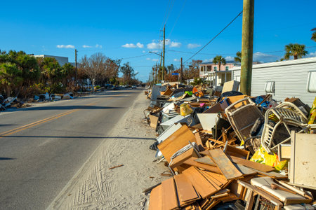Piles of garbage from severely damaged homes after hurricane Milton storm surge in Florida. Debris on street side on Manasota Key in Englewood. Hurricane aftermath cleanupの写真素材