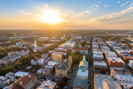 Aerial view of Savannah, Georgia. American city old historical architecture. USA panoramic cityscape at nightの写真素材