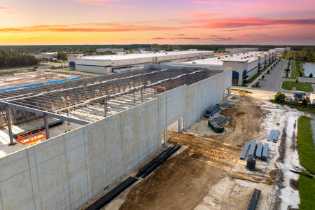 Construction site of logistic center with assembling of concrete and metal frame walls. Aerial view...