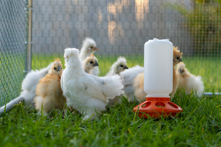Domestic chicken in small backyard chicken coop. Silkie chicks sustainably raised in free range...