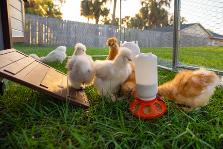 Domestic chicken in small backyard chicken coop. Silkie chicks sustainably raised in free range conditionsの写真素材