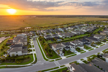 Expensive mansions between green palm trees in southwest Florida suburbs, USA. Aerial view of wealthy residential neighborhoodの写真素材