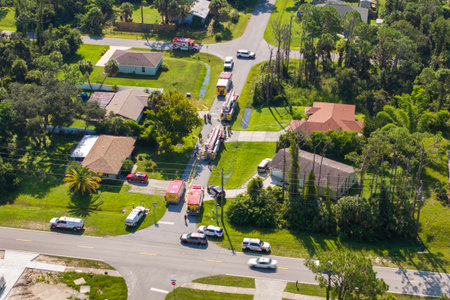 First responders investigating carbon monoxide gas hazard at residential home in Florida, USAの写真素材