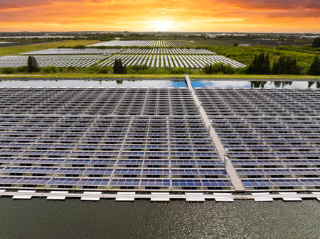 Floating solar panels at renewable electrical power plant for producing clean electric energy....