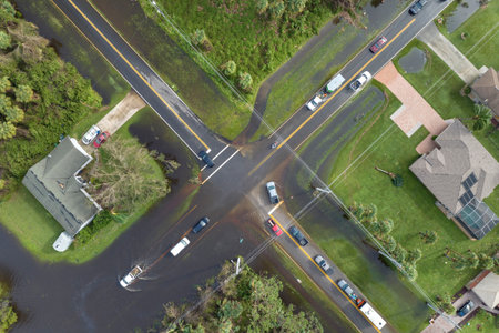 Flooded american street with moving vehicles and surrounded with water houses in Florida residential area. Consequences of hurricane natural disasterの写真素材