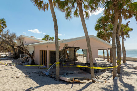 Hurricane Milton consequences on Manasota Key, Florida. Destroyed houses on sea coast. Storm surge...