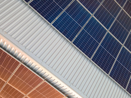Solar rooftop on commercial structure. Photovoltaic panels for producing of clean ecological...