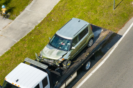Tow truck hauling smashed vehicle on car accident site. Emergency services responding to traffic crash on American street. First responders helping on road in the USAの写真素材