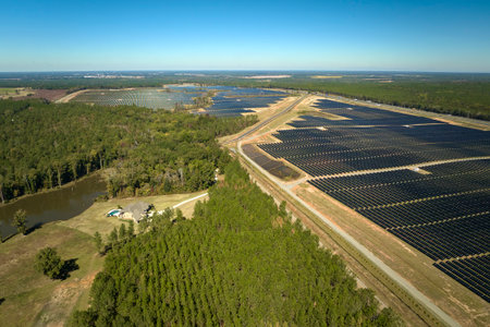 Aerial view of big sustainable electric power plant with many rows of solar photovoltaic panels for...