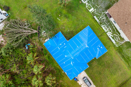 Aerial view of damaged in hurricane house roof covered with blue protective tarp against rain water...