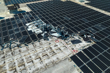 Broken down photovoltaic solar panels destroyed by hurricane Ian winds mounted on industrial building roof for producing green ecological electricity. Consequences of natural disasterの写真素材