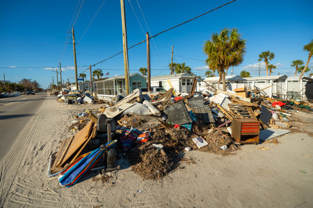 Consequences of natural disaster. Trash from severely damaged houses after hurricane Milton storm...