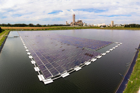 Floating solar panels at renewable electrical power plant for producing clean electric energy....