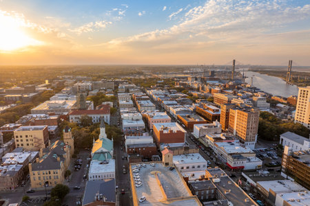 Historical American city architecture at night. Savannah, old city in Georgia state. Illuminated streets and buildings from aboveの写真素材