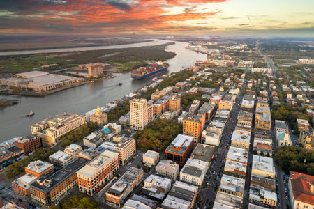 Panoramic cityscape with old historical architecture in Savannah, Georgia. Southern American architecture in eveningの写真素材