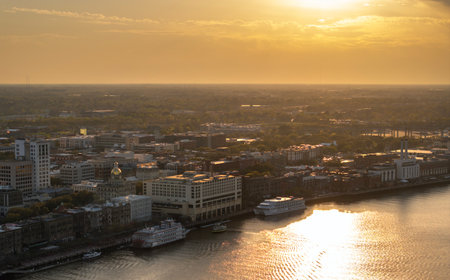 River street in old historical city Savannah in Georgia. Southern USA cityscape at sunsetの写真素材