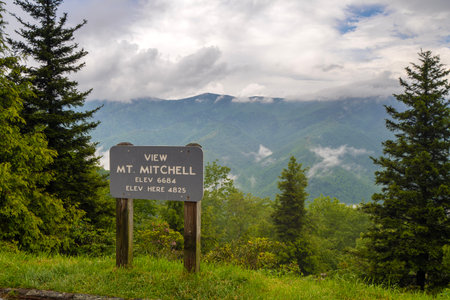 Scenic drive road trip on Blue Ridge Parkway in North Carolina Appalachian mountains. Mt Mitchell overlook observation pointの写真素材