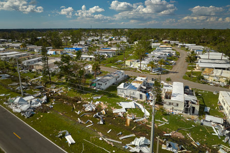 Severely damaged houses after hurricane Ian in Florida mobile home residential area. Consequences of natural disasterの写真素材