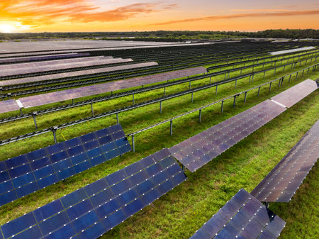 Solar power installation with aligned photovoltaic panels harnessing sunlight for renewable electric...