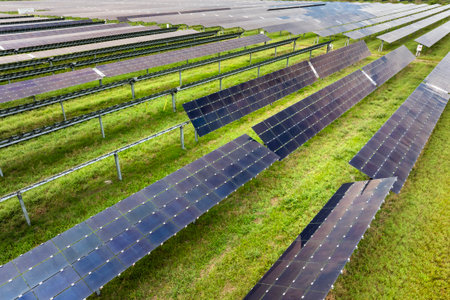 Aerial view of large sustainable electrical power plant with rows of solar photovoltaic panels for...