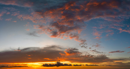 Evening sunset sky with colorful clouds. Panoramic skyscape