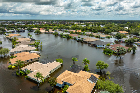 Flooding in Florida caused by tropical storm from hurricane Debby. Suburb houses in Laurel Meadows residential community surrounded by flood waters in Sarasota. Aftermath of natural disasterの写真素材