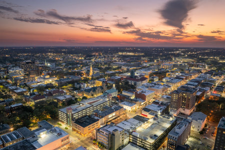Old historic city architecture in Southern USA. View from above of illuminated streets of Savannah,...