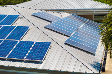 Solar photovoltaic panels mounted on house roof for producing clean ecological electric energy....