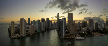 View from above of high skyscraper buildings in downtown district of Miami Brickell in Florida, USA...