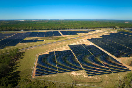 Aerial view of large sustainable electrical power plant with rows of solar photovoltaic panels for...
