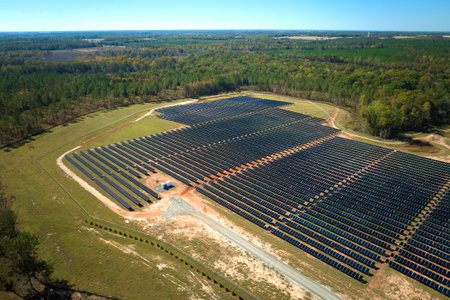 Aerial view of large sustainable electrical power plant with rows of solar photovoltaic panels for...