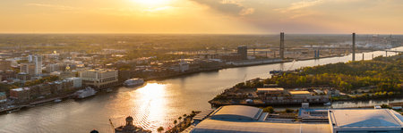 Famous River Street in historical Savannah, Georgia. Urban landscape of old historic city. USA...