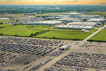 Cars parked ready for sale on automotive factory parking lot