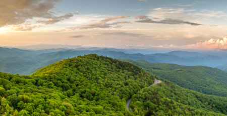 Landscape of beautiful nature. Blue Ridge Parkway road trip. Overlook parking place in Appalachian mountains landscape. Driving car exploration travel in summer forest in North Carolinaの写真素材