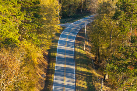 Blue Ridge Parkway in autumn. Mountain pass road between dense woods in seasonal colors in North Carolinaの写真素材
