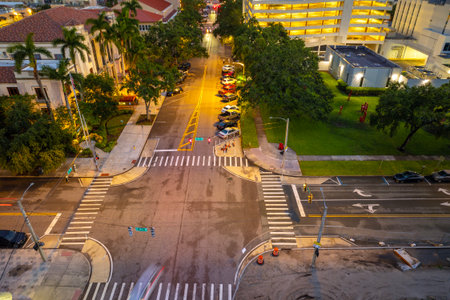 Elevated view of downtown St. Petersburg, Florida in evening time. Urban development and illuminated...