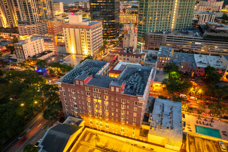 Downtown St. Petersburg in Florida, USA at night. Urban scene with modern architecture in American city.の写真素材